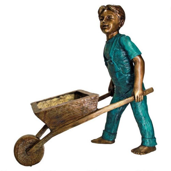 Boy with Wheelbarrow Garden Sculpture Planter Statue Childhood